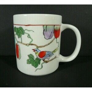 Guangzhou Arts & Crafts Chinese Pottery Mug by Williams Sonoma Bird Flowers NEW